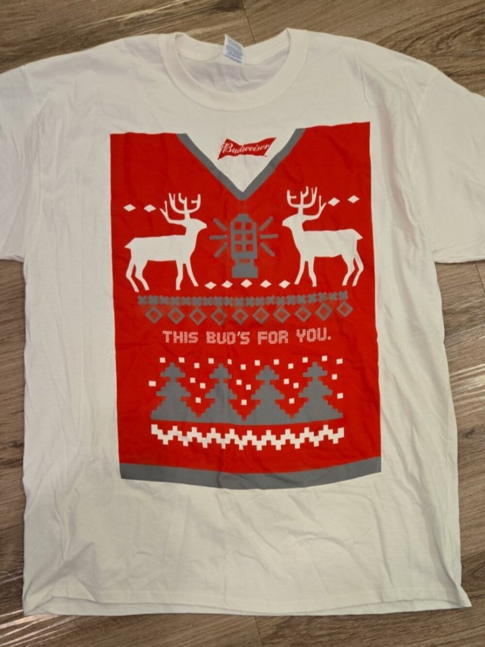 Budweiser Ugly Sweater "This Bud Is For You" Christmas Reindeer T-Shirt